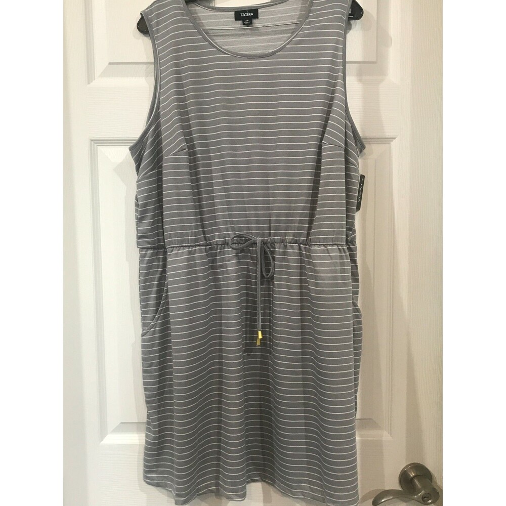 Tacera Casual Tank Dress Plus Size Elastic Waist T Shirt Knit Gray White 2X